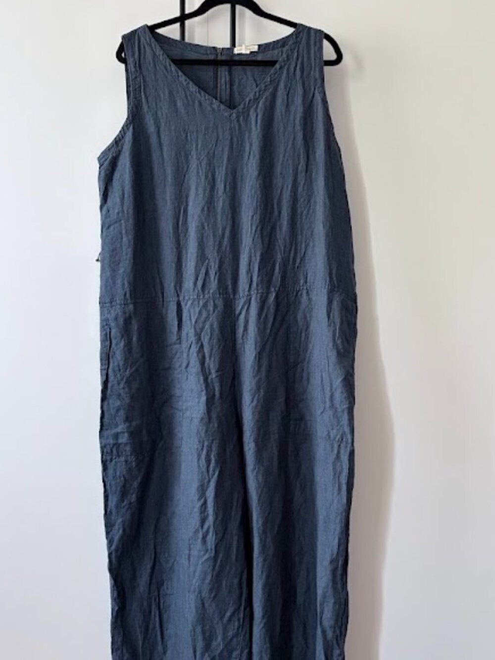 Eileen Fisher Indigo Sleeveless Jumpsuit XL Linen Wide Leg Pockets